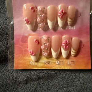 Pink French Tip Press-On Nails with 3D Flower Accents